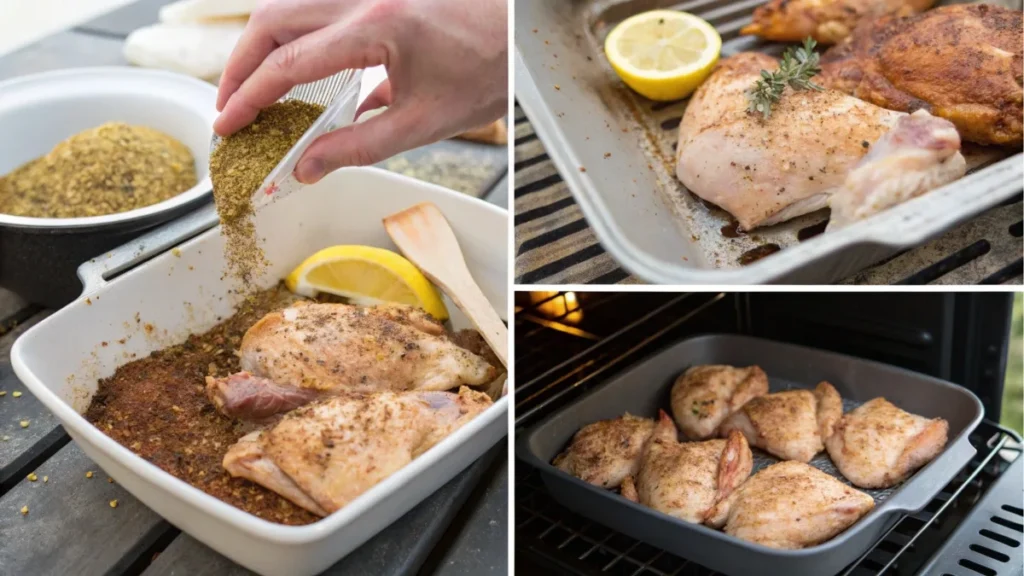 Collage of four steps showing different chicken seasoning techniques, including dry rubs, marinades, and grilling