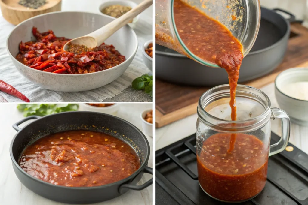 Collage showing steps for making chili sauce: washing chilies, blending ingredients, simmering, and storing in a jar