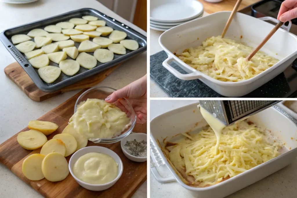 Collage showing the process of slicing, layering, and assembling Hasselback potato gratin.