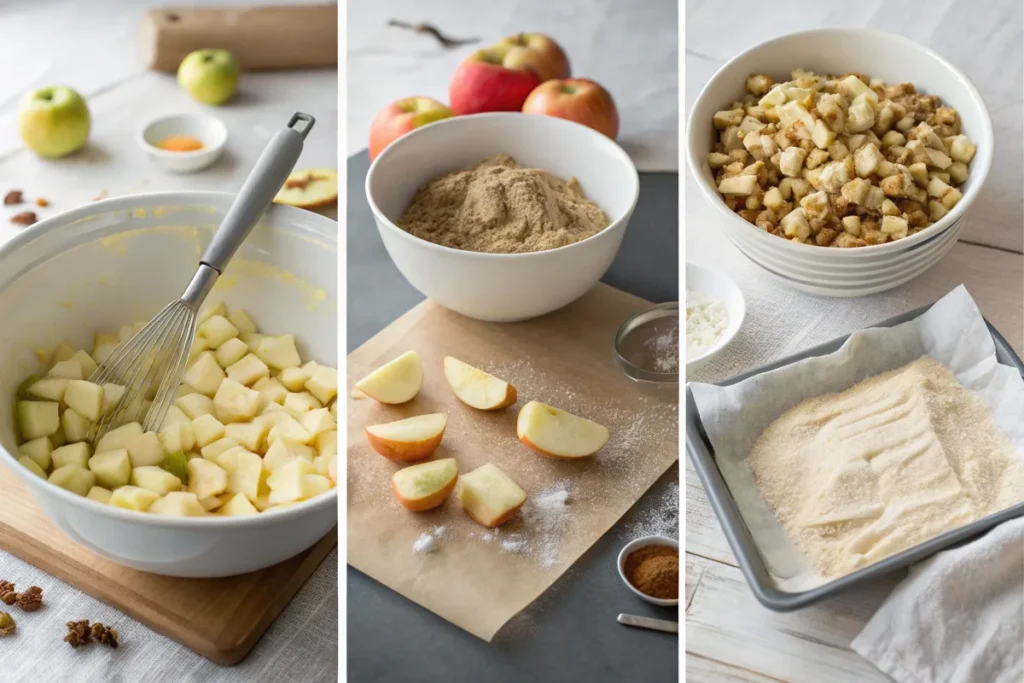 Step-by-step process of making baked apple fritters, from preparing apples to shaping the batter.