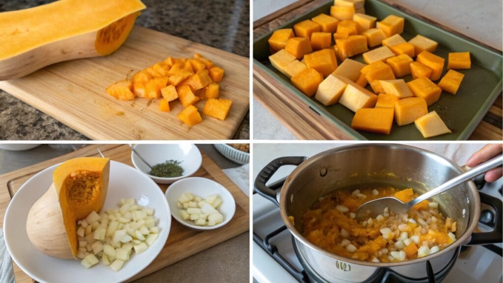 A collage of four cooking steps for butternut squash soup and roasted squash.