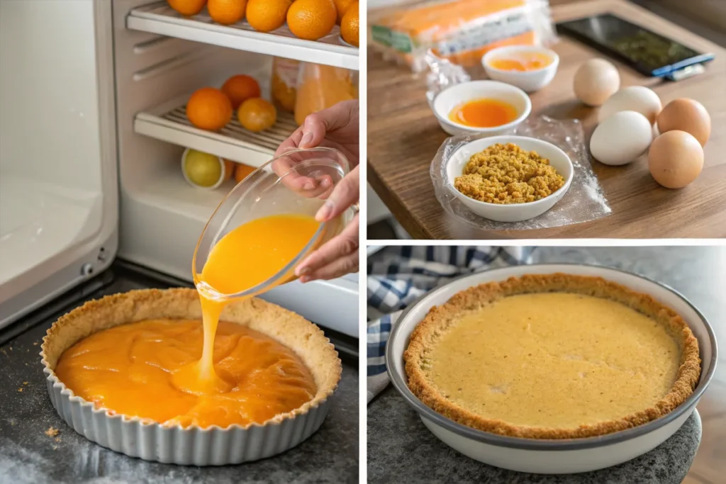 Collage showing steps for making orange cream pie: zesting oranges, preparing filling, and assembling the pie