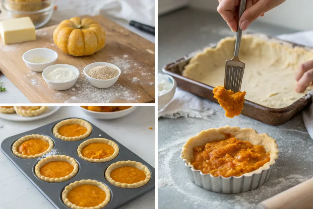 A step-by-step collage showing how to prepare pumpkin pastry, from roasting pumpkin to sealing filled dough