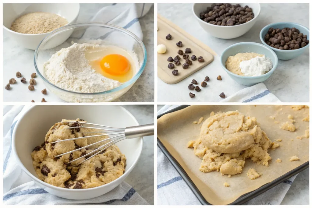 A collage showing the process of making protein cookies, from mixing ingredients to placing dough on a baking tray