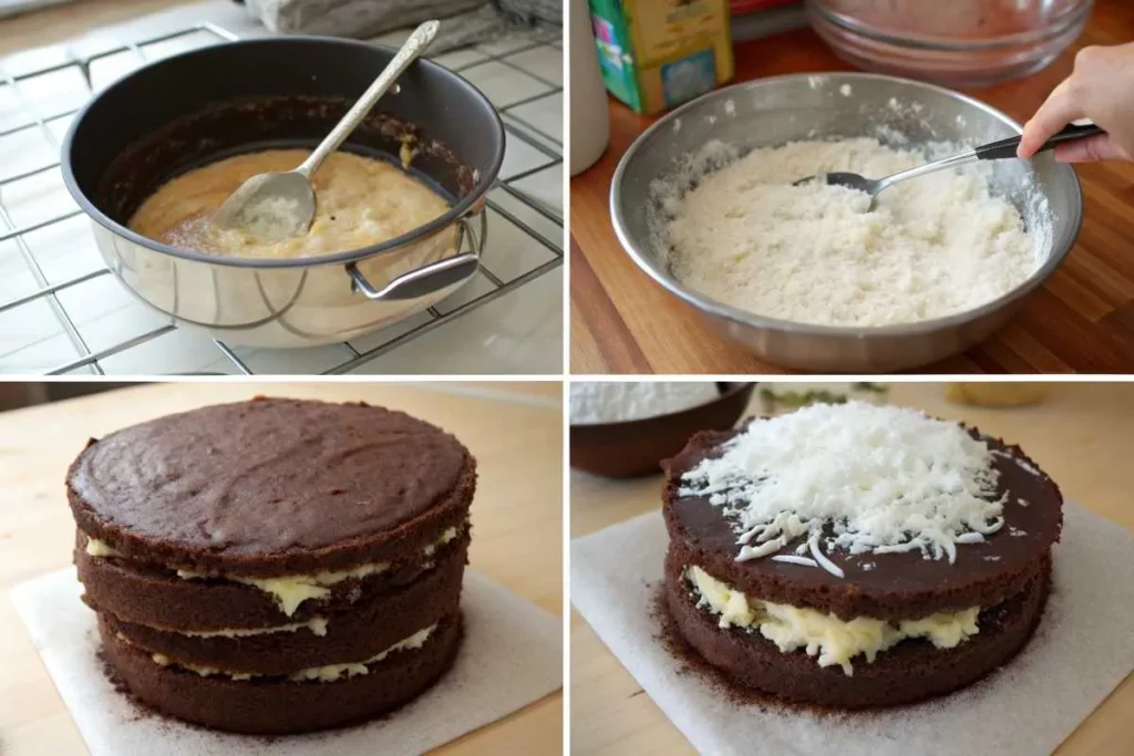 Collage showing the step-by-step process for making Peter Paul Mounds Cake, from batter mixing to frosting