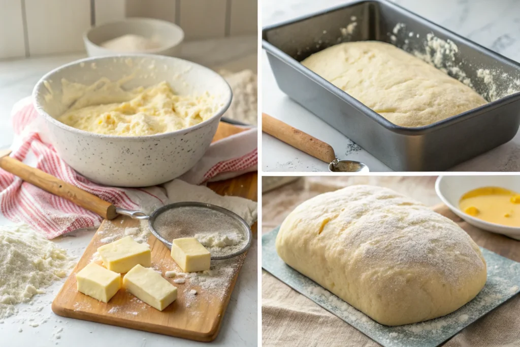 Collage of the cream cheese bread-making process, from activating yeast to shaping and rising dough