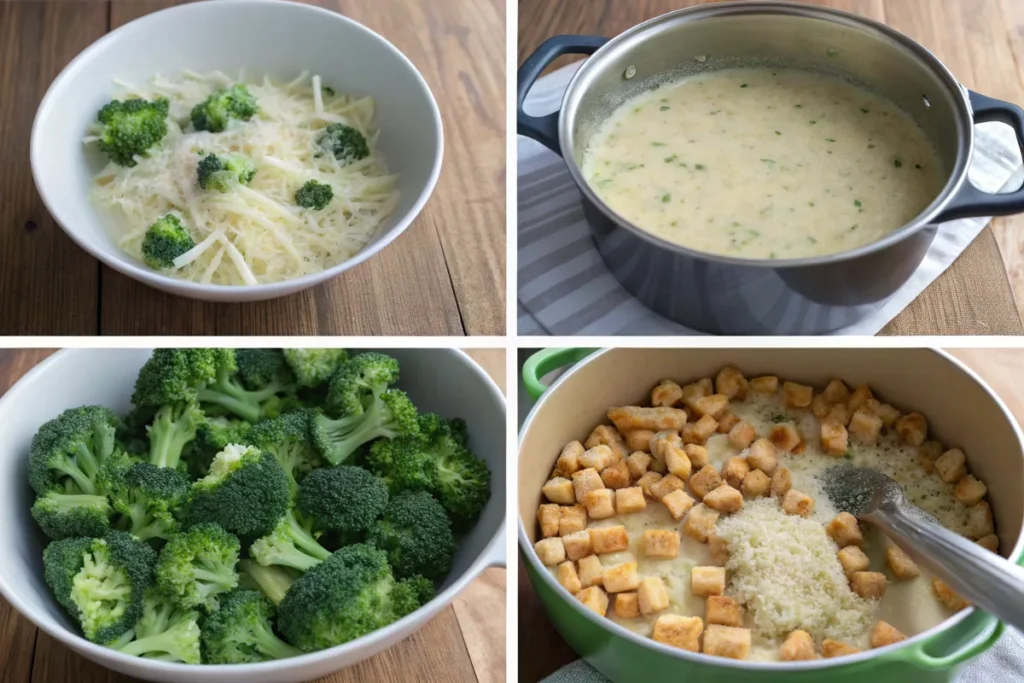 Collage of steps to make broccoli casserole, from blanching broccoli to topping with crushed crackers.