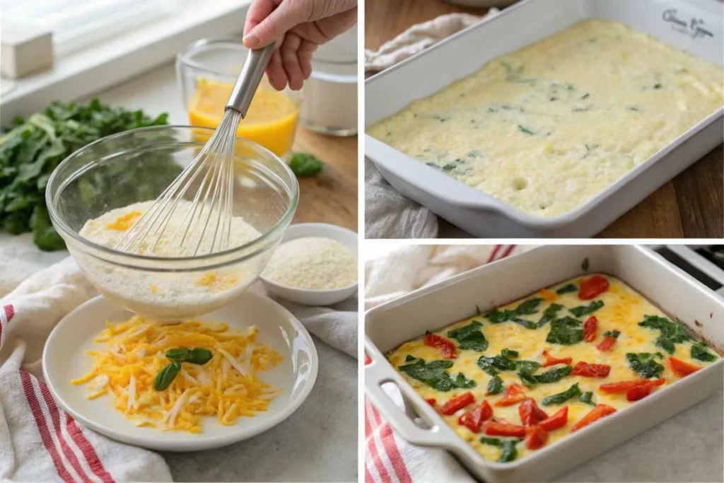 Collage showing the preparation process for Cottage Cheese Egg Bake Casserole, from whisking to assembling