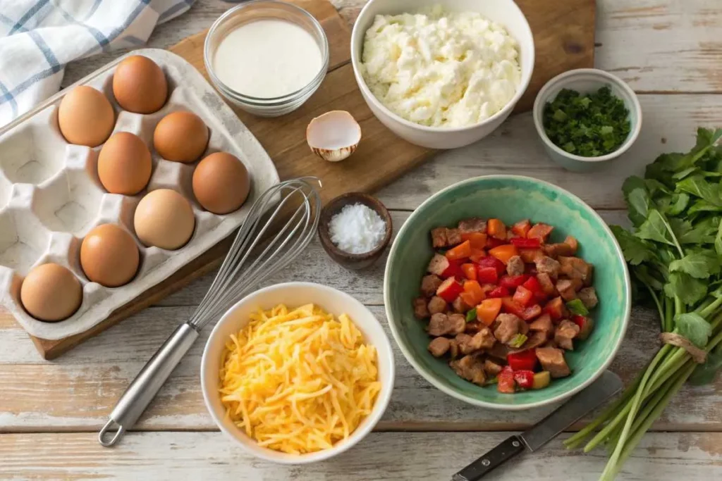 Collage showing the preparation process for Cottage Cheese Egg Bake Casserole, from whisking to assembling