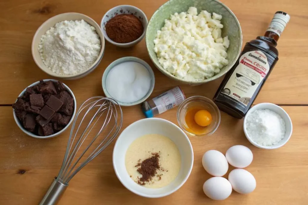 Ingredients for Peter Paul Mounds Cake, including chocolate cake mix, shredded coconut, and cocoa powder