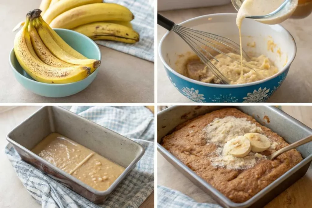 Collage showing steps to make banana honey cinnamon bread, from mashing bananas to pouring batter