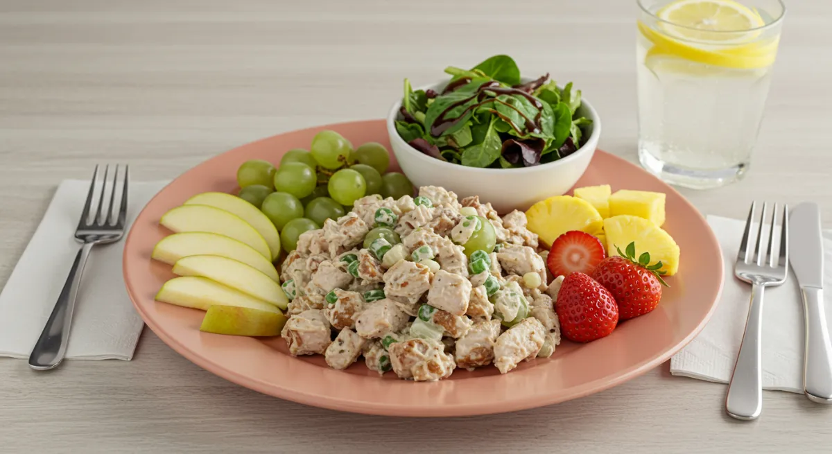 A plate of chicken salad with a side of grapes, apple slices, strawberries, and pineapple chunks, alongside a mixed greens salad.