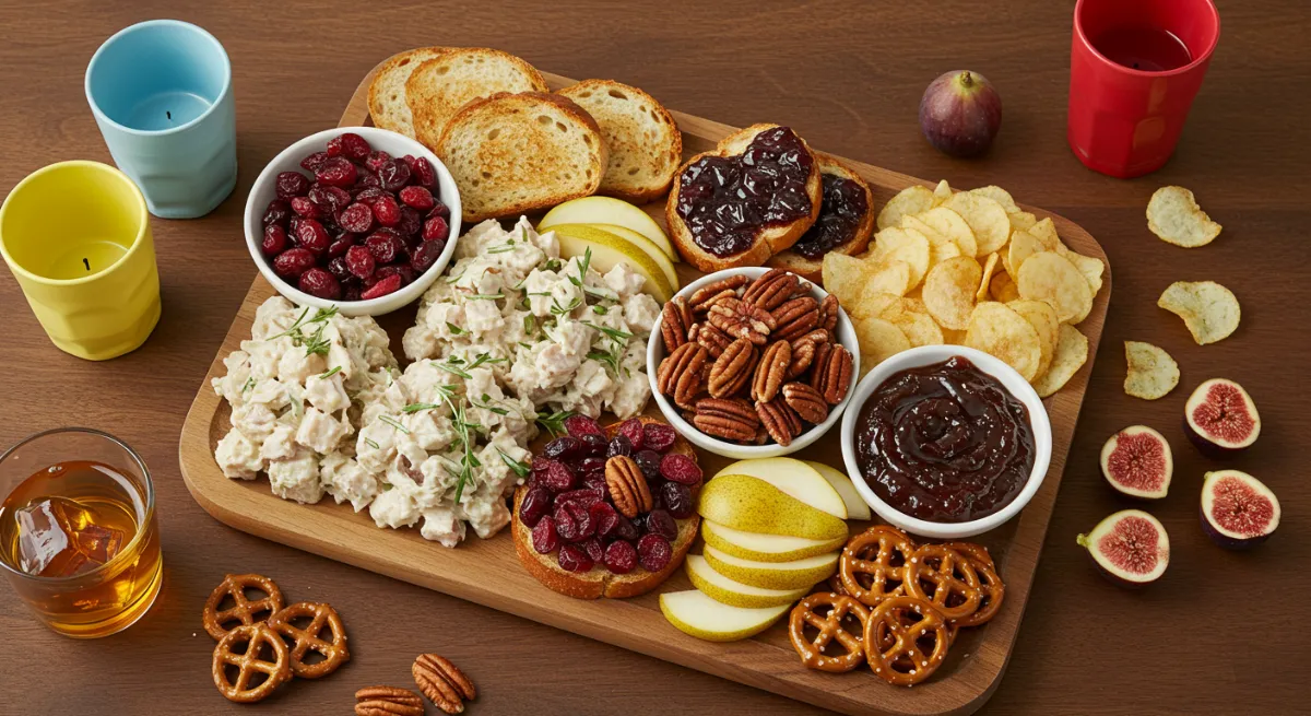 A platter featuring honey-glazed pecans, dried cranberries, pear slices, fig jam on toast, and pretzel crisps next to chicken salad.