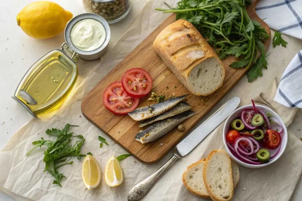 Key ingredients for making a delicious sardine sandwich, including sardines, bread, and fresh vegetables