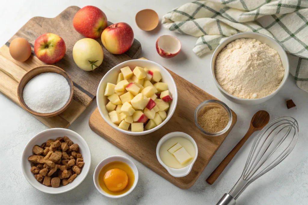 Ingredients for baked apple fritters arranged on a kitchen counter, including apples, flour, and spices.