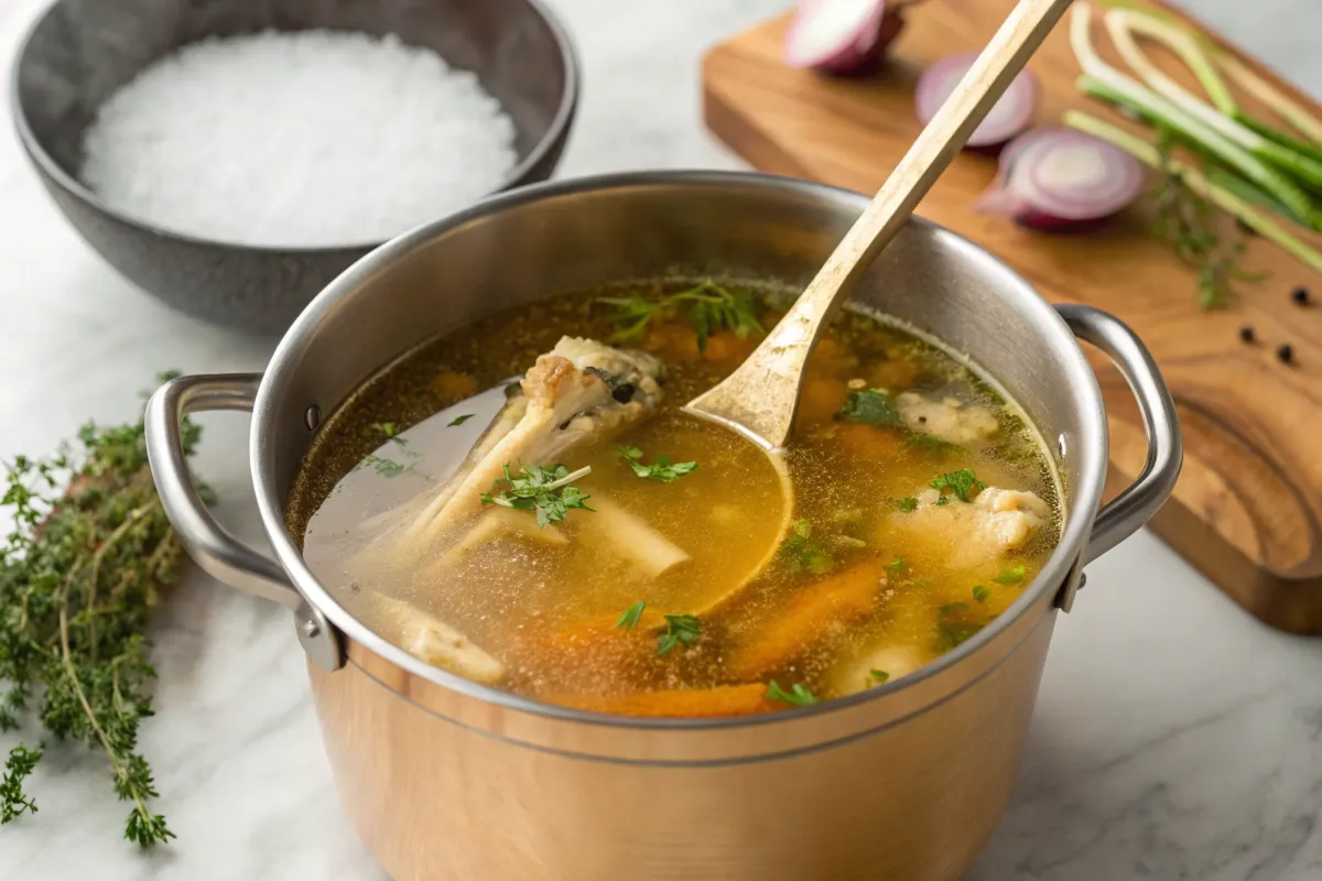 chicken bone broth cooking action