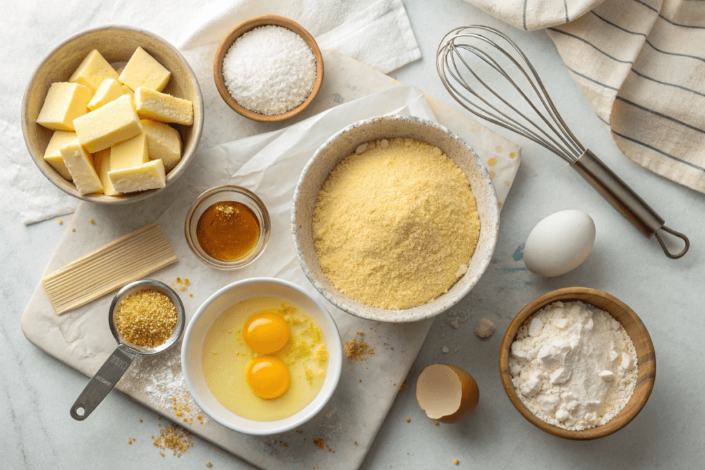 Ingredients for Crumbl Cornbread Cookies, including flour, cornmeal, butter, sugar, honey, eggs, and vanilla extract, arranged on a kitchen counter.