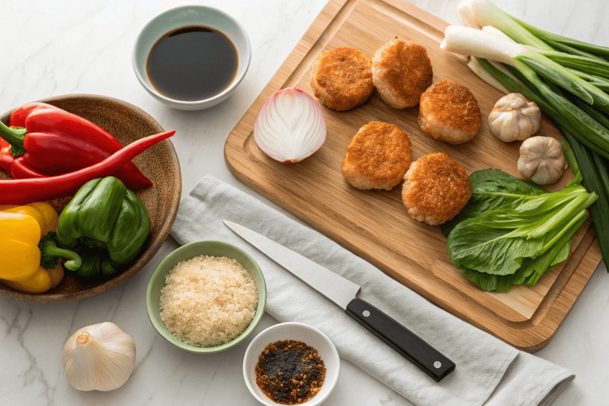 Fishcakes and scallops stir fry ingredients