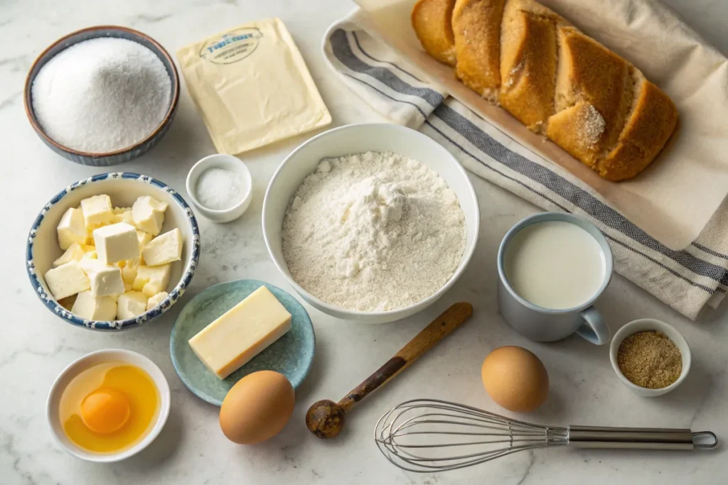 Ingredients for cream cheese bread, including flour, cream cheese, sugar, yeast, milk, butter, and an egg, arranged on a counter