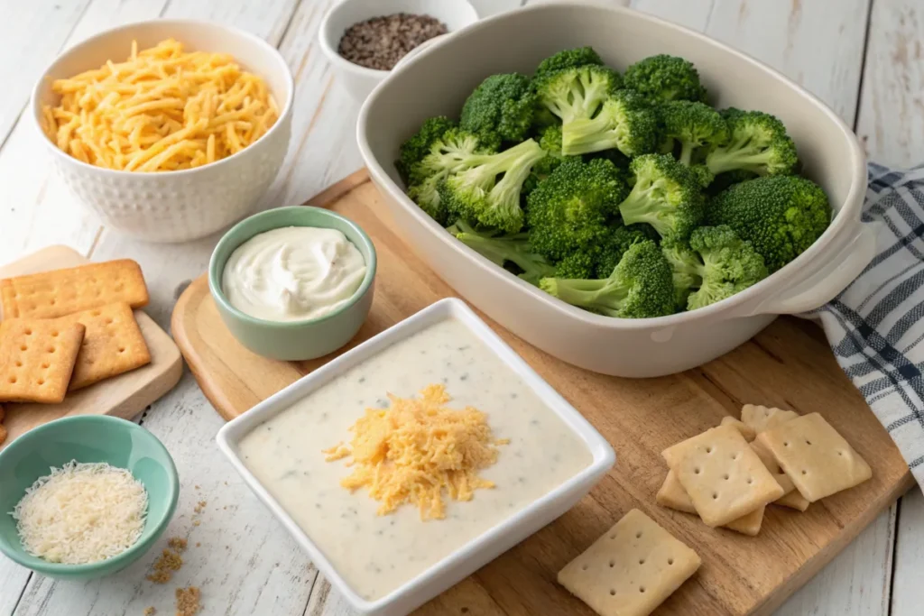 Ingredients for broccoli casserole including broccoli, cheddar cheese, cream of mushroom soup, sour cream, Ritz crackers, and seasonings.