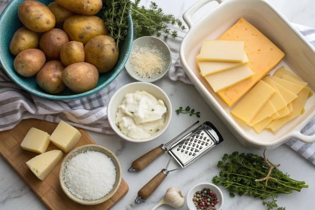 Ingredients for Cheesy Hasselback Potato Gratin arranged on a kitchen counter.