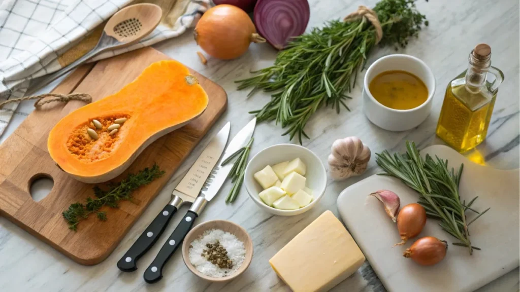 Fresh ingredients and utensils on a kitchen counter for butternut squash recipes