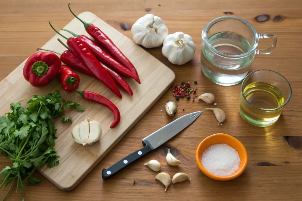 Ingredients for chili sauce including red chilies, garlic, vinegar, sugar, salt, and water on a kitchen counter.