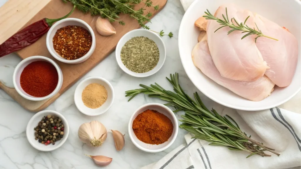 Fresh spices and herbs for chicken seasoning including garlic powder, paprika, thyme, and chili flakes on a kitchen counter.