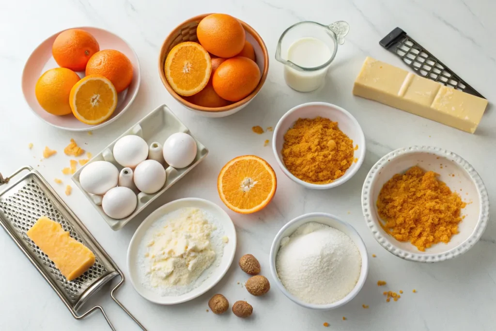 Ingredients for orange cream pie, including fresh oranges, zest, eggs, sugar, and graham crackers, laid out on a kitchen counter