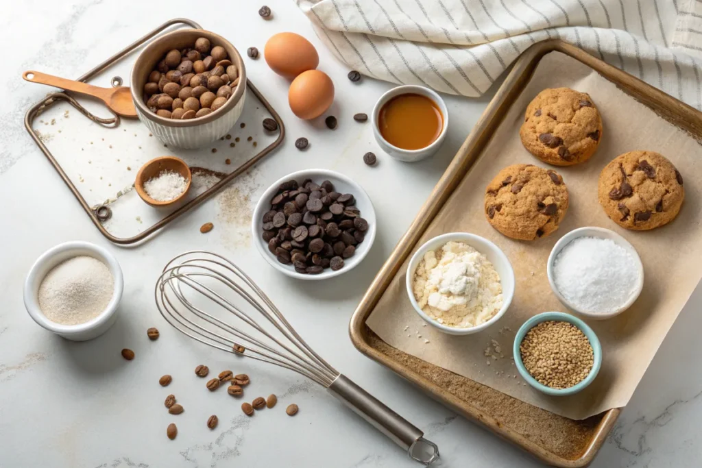 Fresh ingredients for protein cookies including almond flour, protein powder, chocolate chips, and coconut sugar.