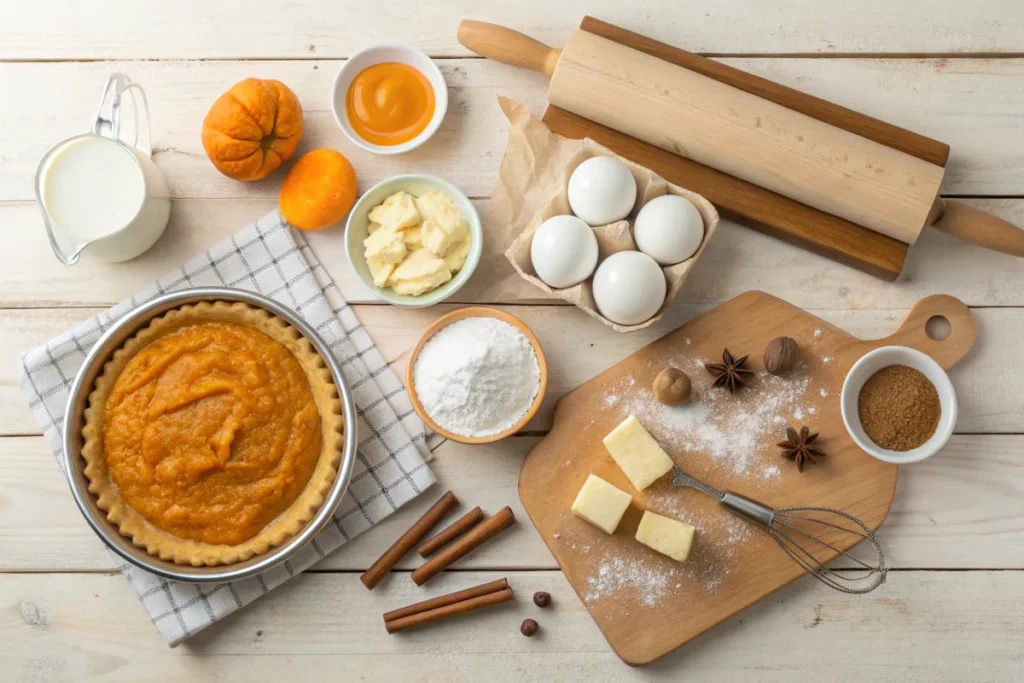 Flat-lay of pumpkin pastry ingredients, including pumpkin puree, butter, flour, sugar, and fall spices, arranged on a wooden counter.