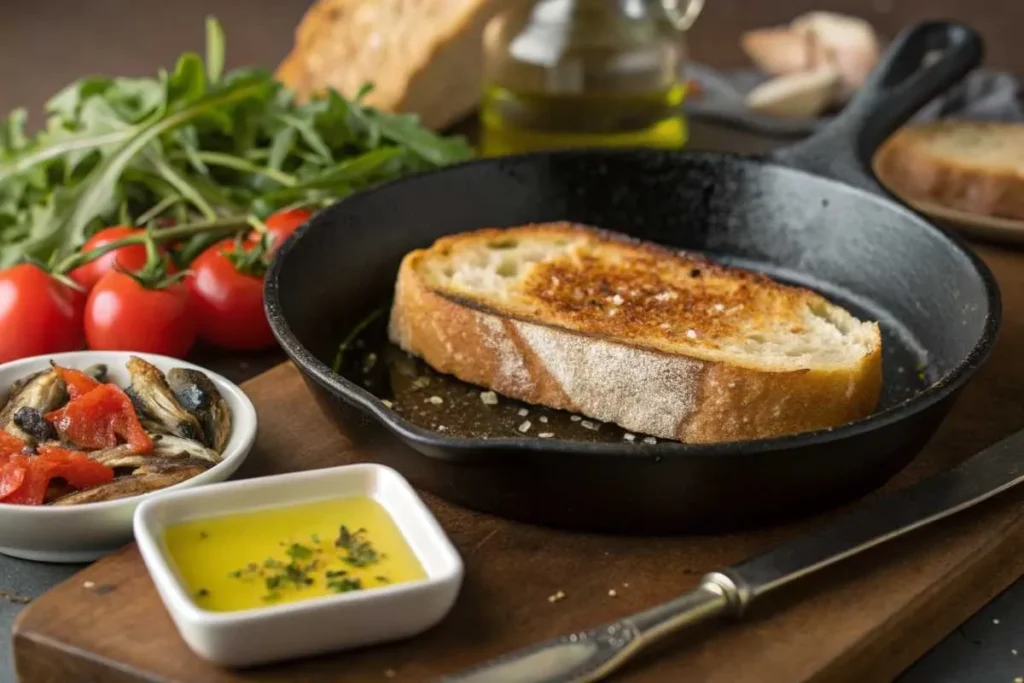 Golden sourdough bread toasting in a skillet, preparing for a sardine sandwich