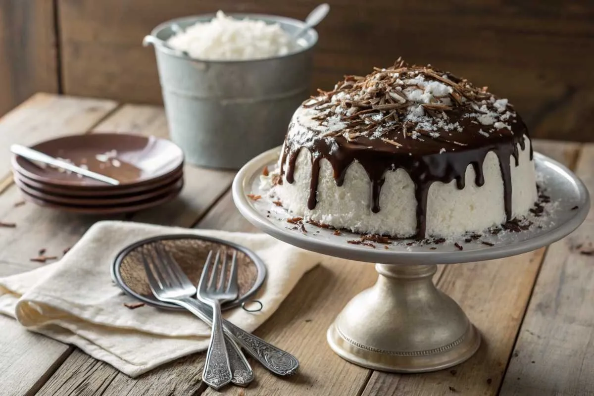 Finished Mounds cake with chocolate ganache and coconut garnish on a rustic table.